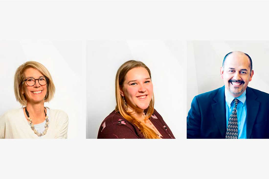 Three individual professional headshots of MOA ARCHITECTURE team members — two women and one man — smiling against a plain white background.
