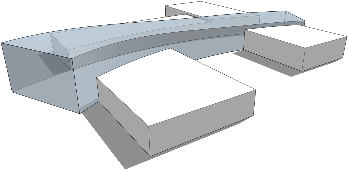 A 3D architectural massing model showing the early conceptual form of a building design, illustrating MOA's collaborative design process.