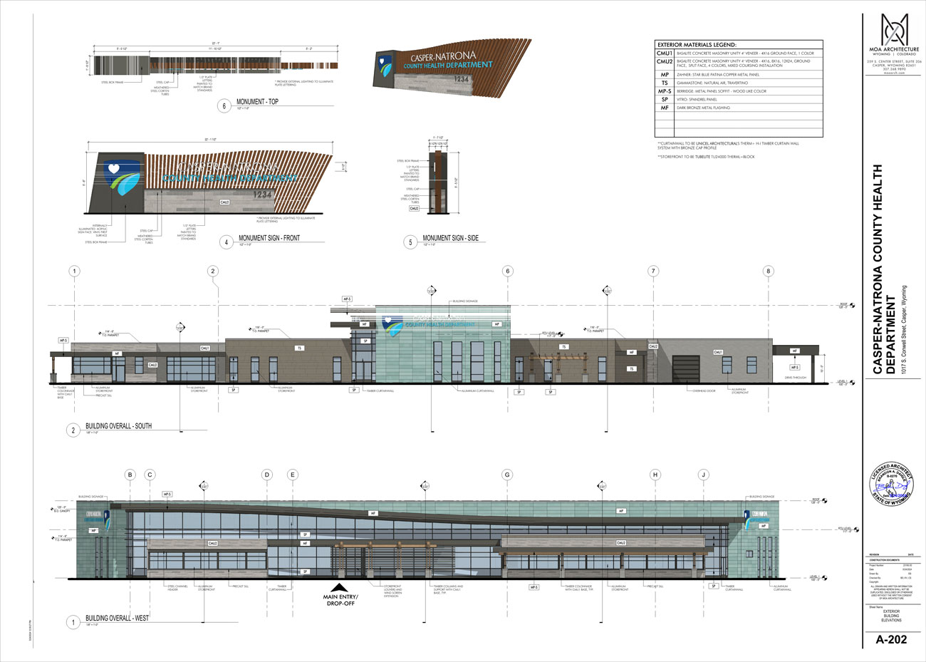 Construction document showing exterior elevations and monument sign details for Casper-Natrona County Health Department.