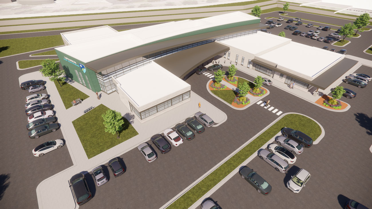 Aerial rendering of the Casper-Natrona County Health Department campus with parking and landscaped entry.