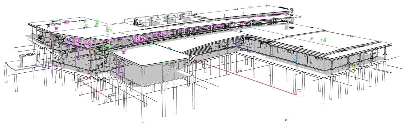 olor-coded BIM model showing structural, mechanical, and electrical systems for a multi-wing building.