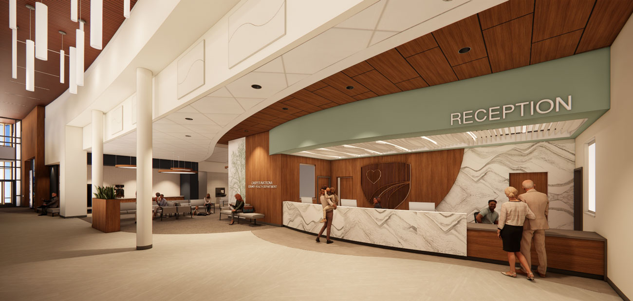 Rendering of Casper-Natrona County Health Department reception lobby with curved marble desk and wood ceiling panels.