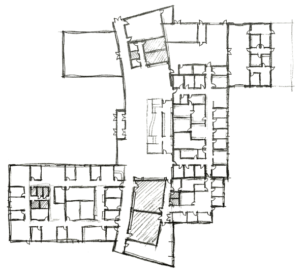 Hand-drawn schematic floor plan sketch showing early room layout and circulation concepts for a multi-wing building design.