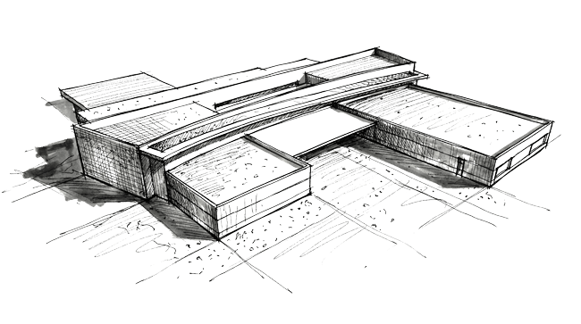 Hand-drawn schematic sketch of a building's exterior form and massing, representing MOA's early design phase process.