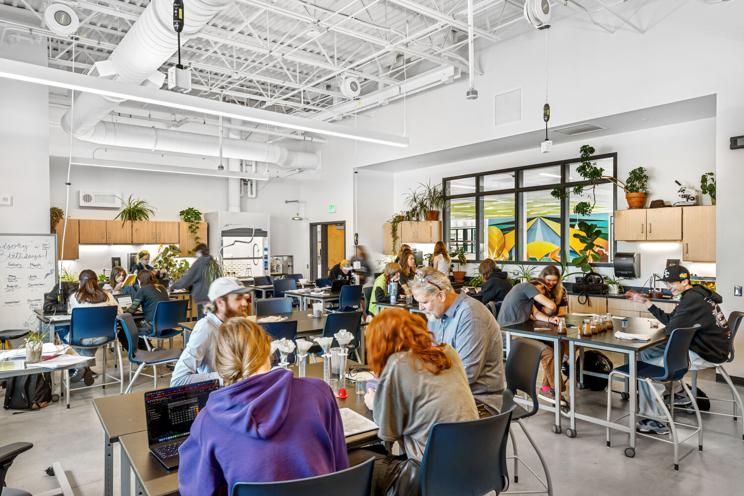 Science classroom with high worktables and stools, wood cabinetry with storage, potted plants on upper shelves, exposed ductwork, suspended lighting, and polished concrete flooring.