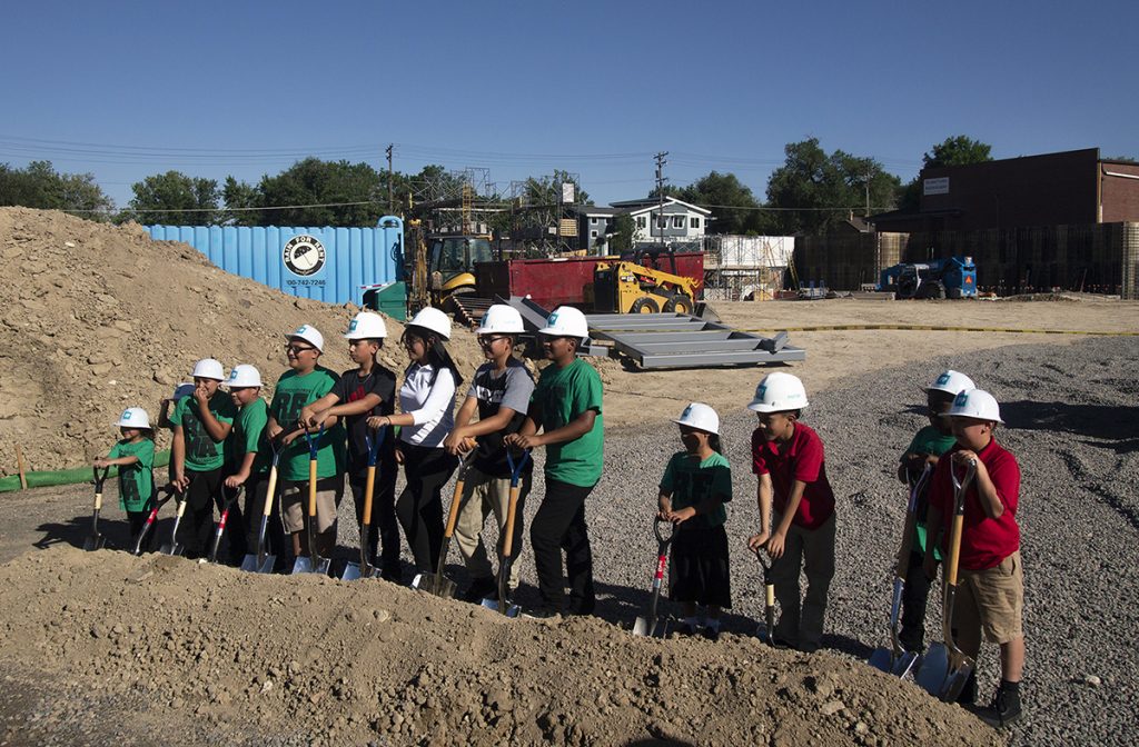 Ricardo Flores Magon Academy students ready for a ceremonial shoveling